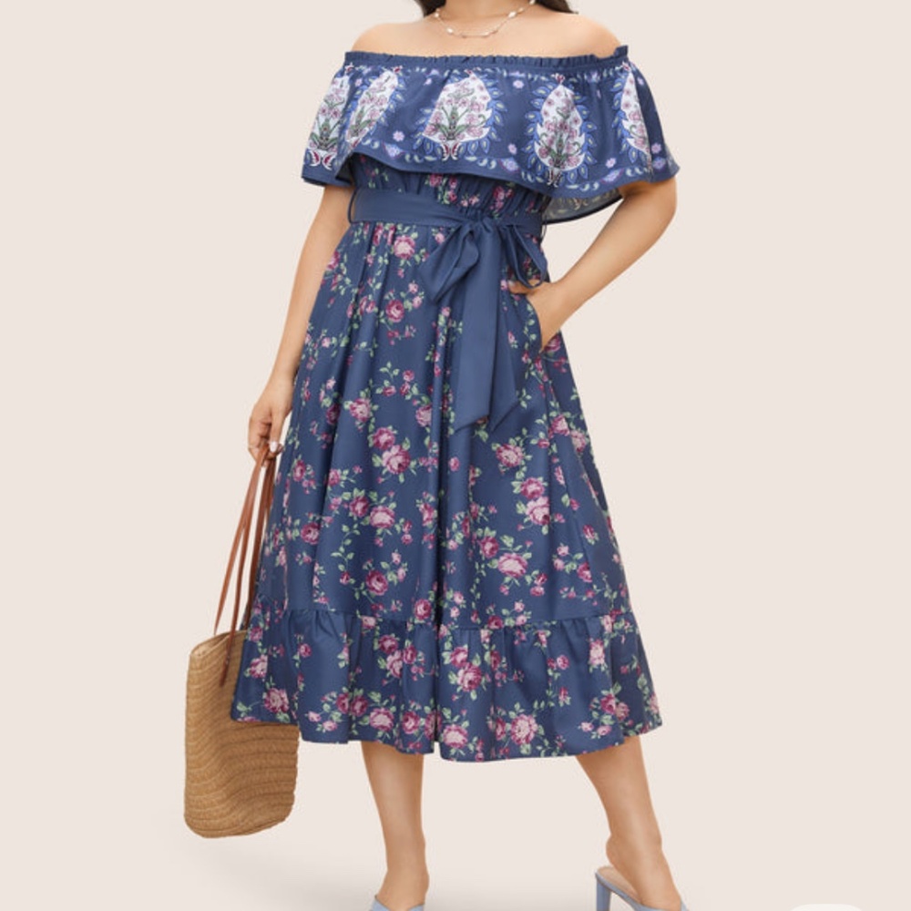 BloomChic Floral Off Shoulder Belted Frill Trim Dress